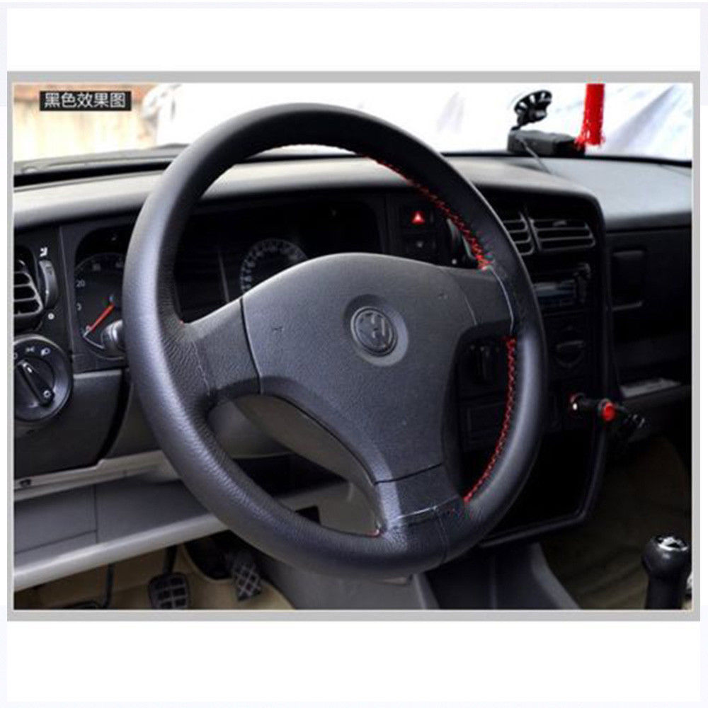Genuine Leather DIY Car Steering Wheel Cover With Needles and Thread Black+Red